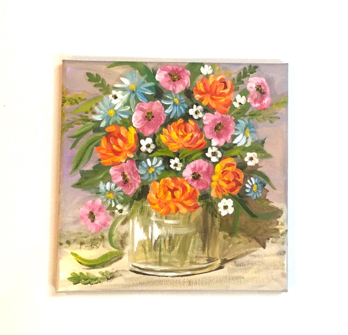 10x10 Original oil painting flowers in a vase art ready ooak wall hanging gift