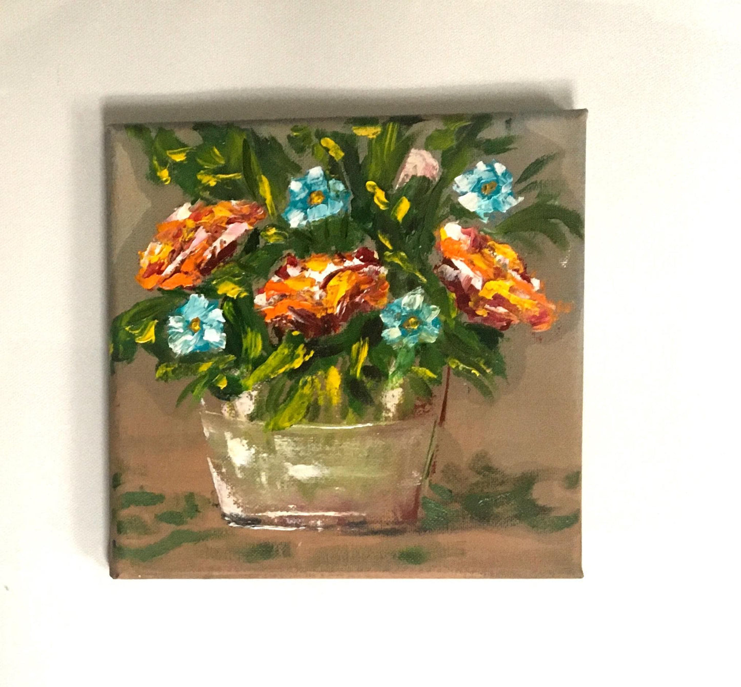 Original oil painting 8x8 inches blue red flower glass vase art ready ooak wall hanging gift