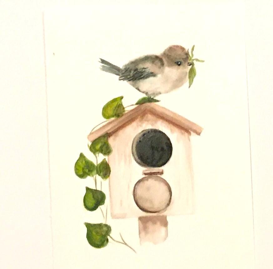 Bird on birdhouse 7x10 inches Original painting watercolor art (not print)