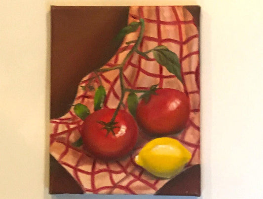 8x10 inches Original oil painting art onion tomatoes lemon kitchen food wall hanging