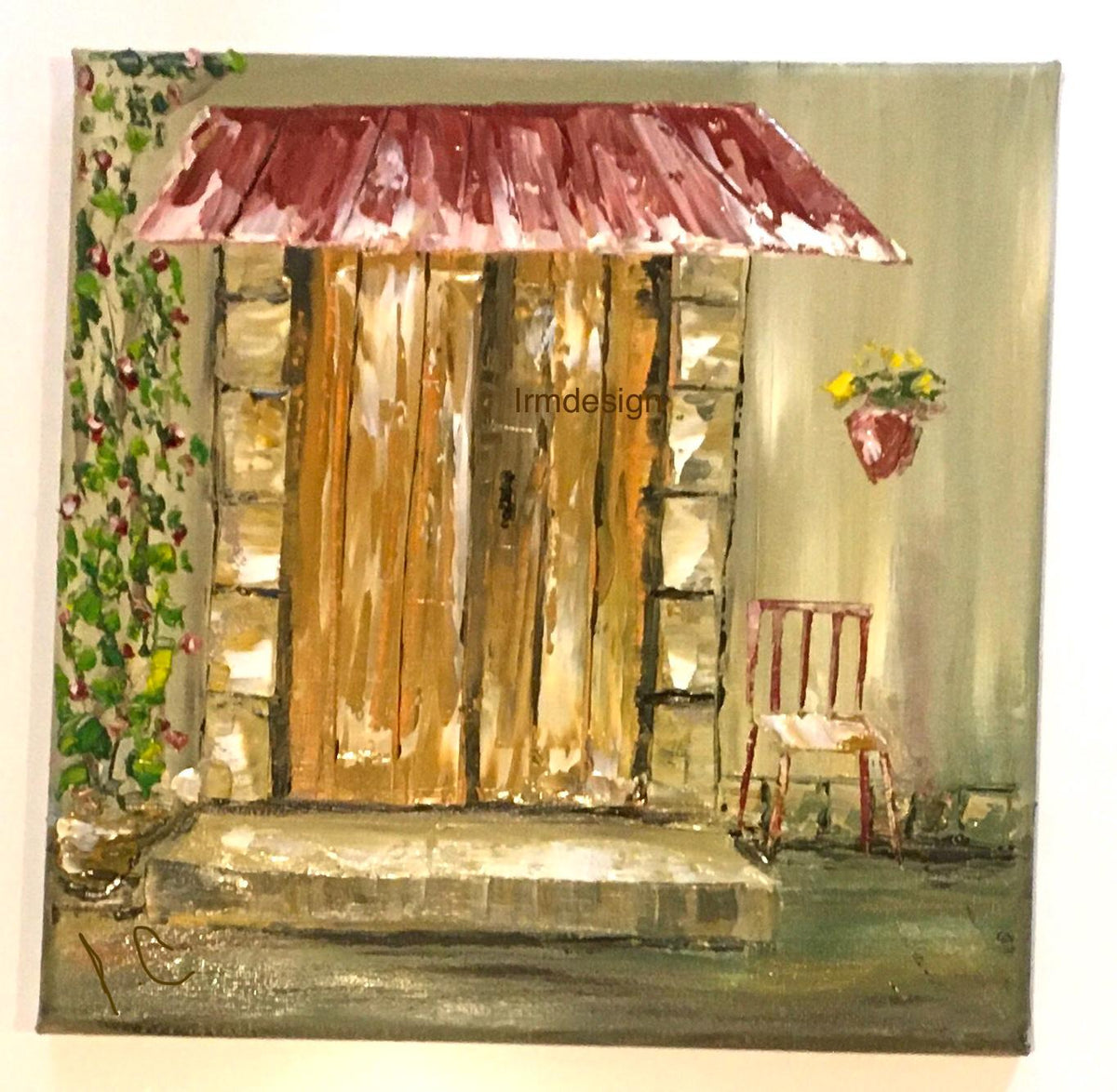 Landscape house cozy home table for two Original oil painting art wall hanging