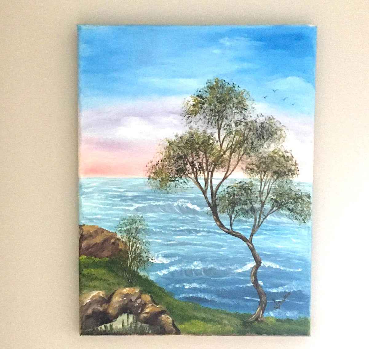 Landscape tree seascape 14x11 inches Original oil painting ocean art wall hanging