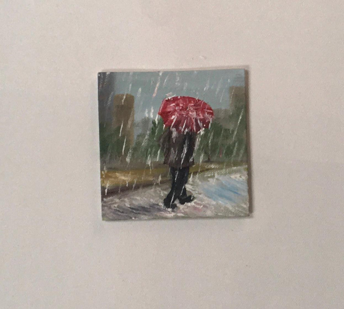 Walking holding umbrella in rain 4x4 inches Original oil painting art wall hanging or on desk
