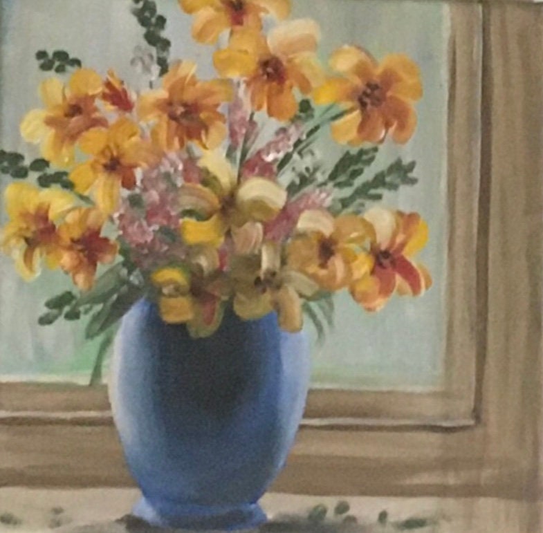 Original oil painting flowers in window art ready ooak wall hanging gift