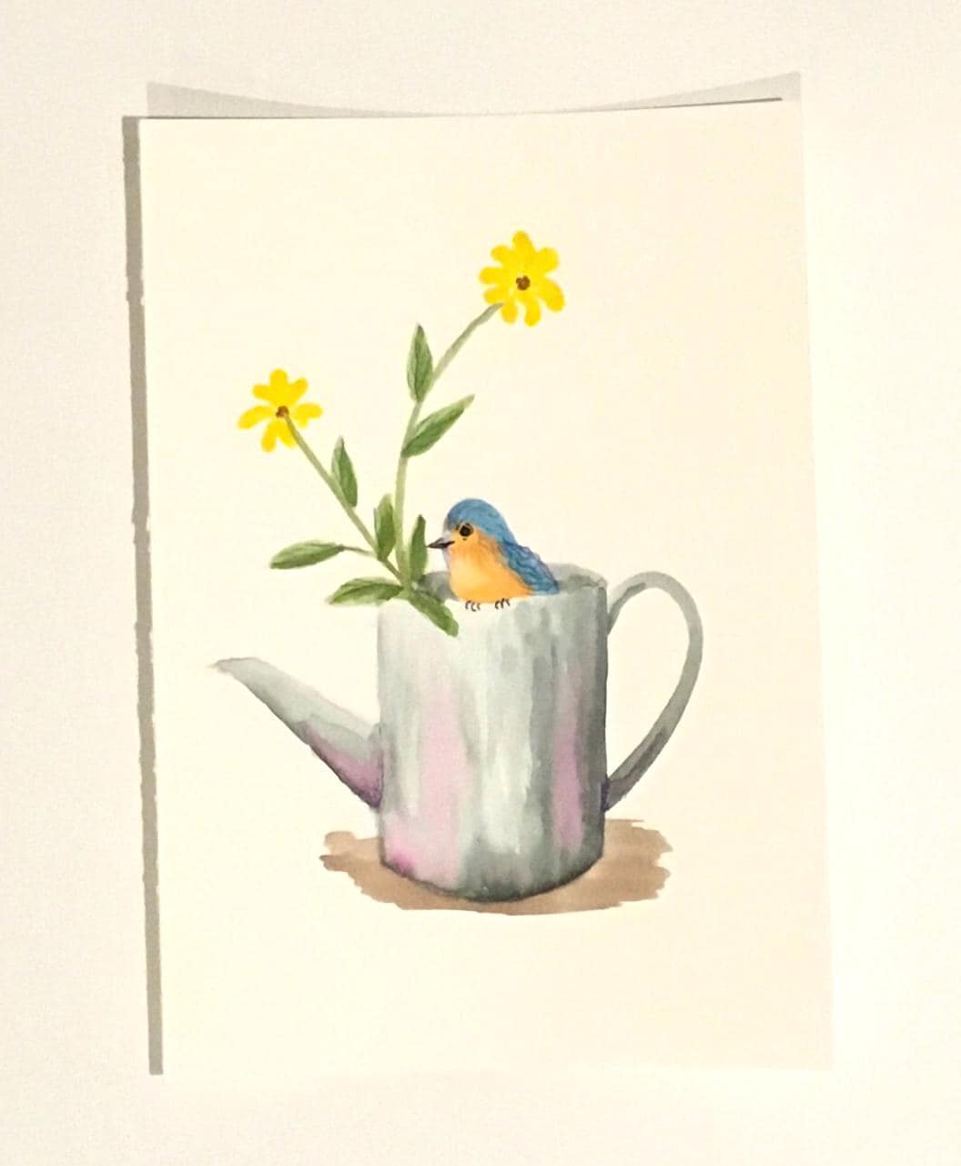 Bird on watering can 7x10 inches Original painting watercolor art (not print)