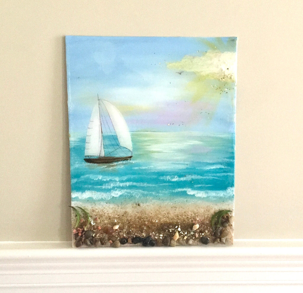 Original art beach seascape bird relaxing resin glass art 3D painting canvas board art wall hanging